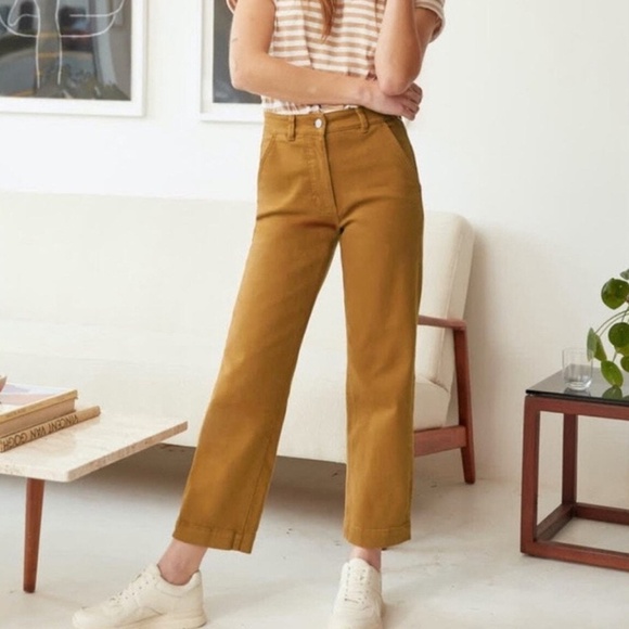 EVERLANE Straight Leg Twill Crop Pants in Mustard Gold Brown, Size 4 - Picture 1 of 8